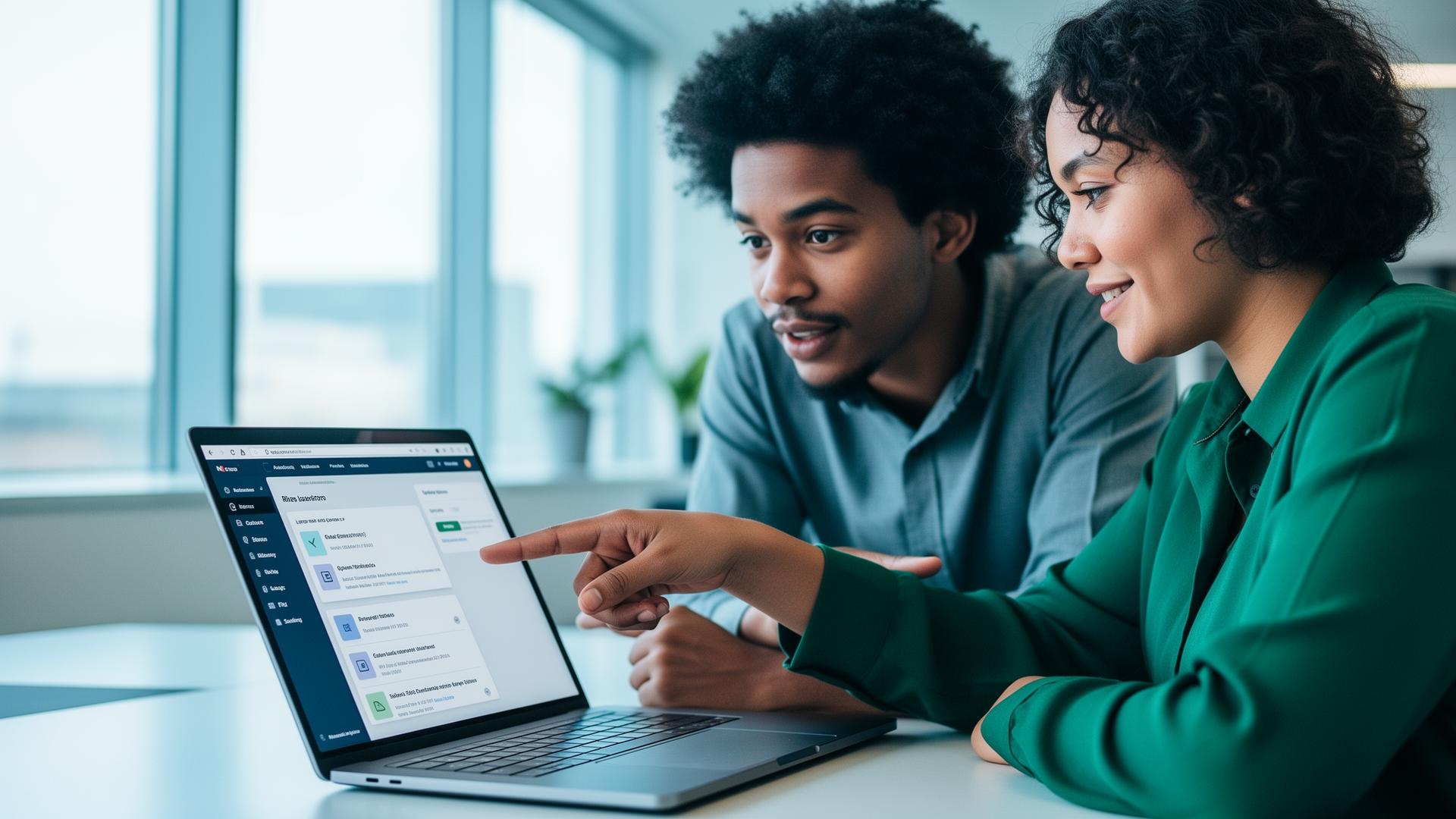 Two teammates comparing account mapping software options on a laptop