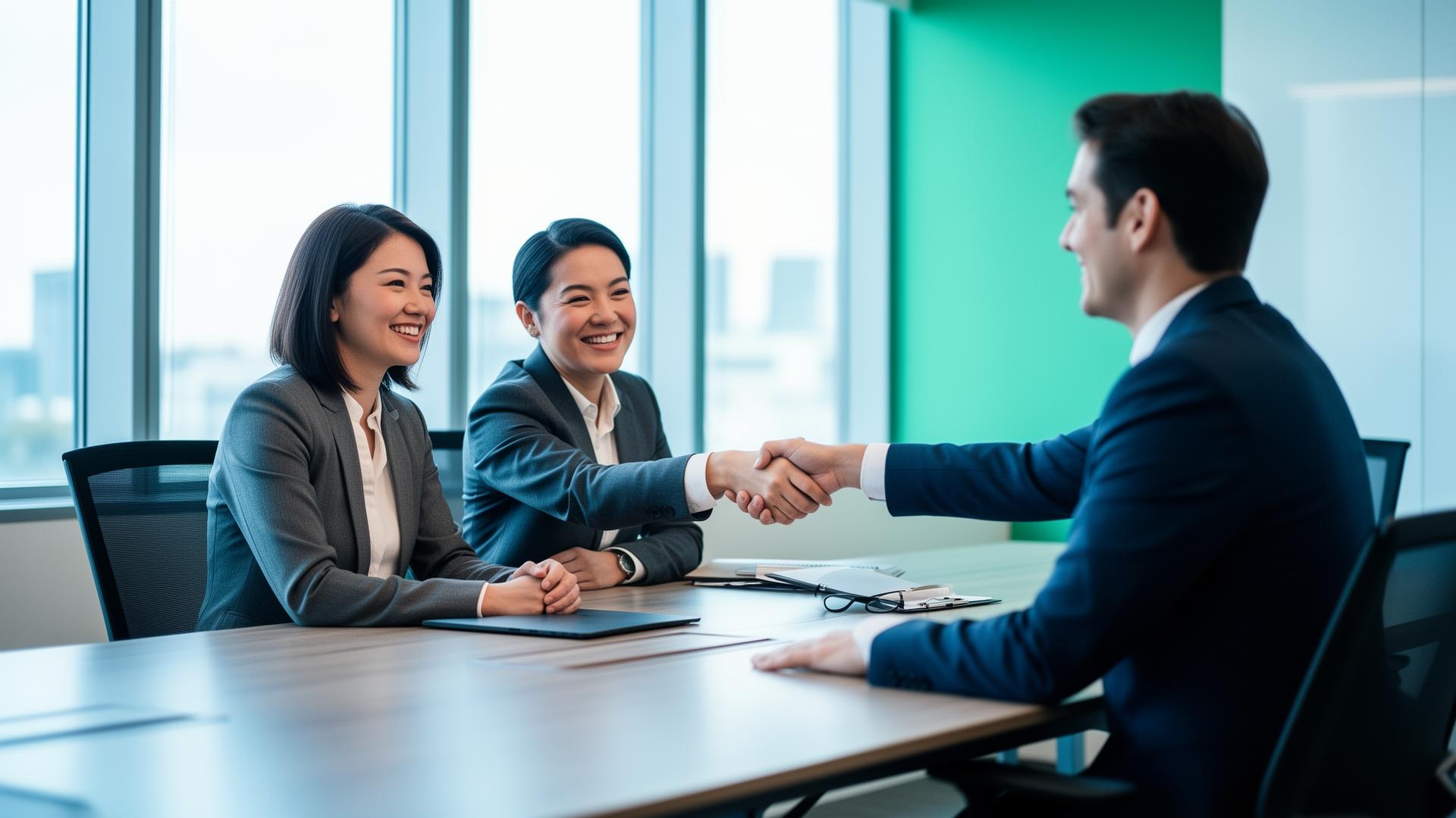 Two salespeople from different companies co-selling and shaking hands with a client