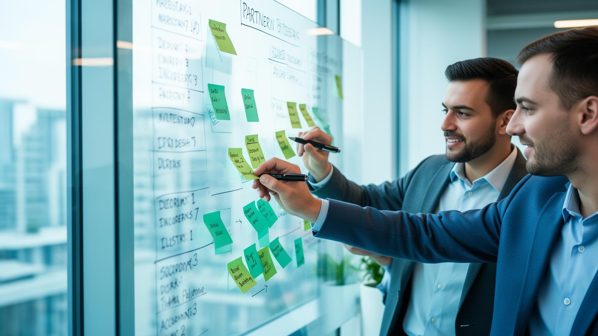 Two partner managers comparing account notes on a glass whiteboard