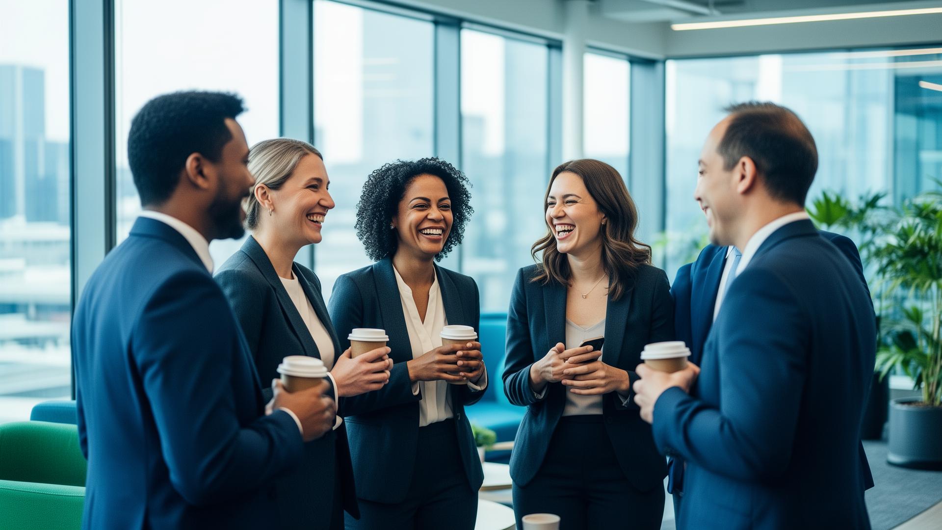 A group of business partners networking and laughing together in an office lounge